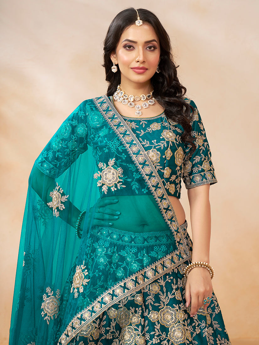 Monjolika Fashion Embroidered Art Silk Trendy Lehenga Choli In Turquoise