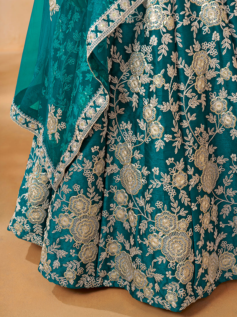 Monjolika Fashion Embroidered Art Silk Trendy Lehenga Choli In Turquoise