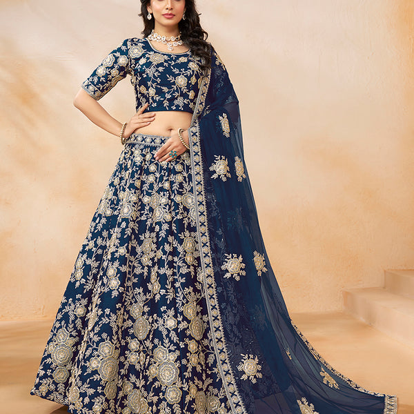 Monjolika Fashion Embroidered Art Silk Navy Blue Designer Lehenga Choli - Distacart