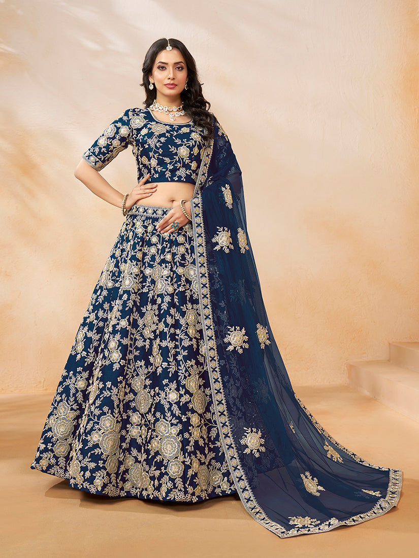 Monjolika Fashion Embroidered Art Silk Navy Blue Designer Lehenga Choli - Distacart