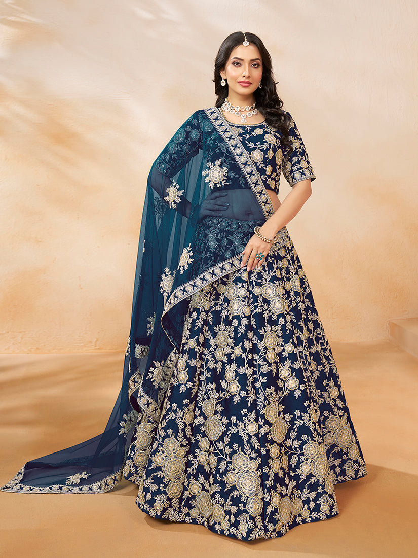 Monjolika Fashion Embroidered Art Silk Navy Blue Designer Lehenga Choli