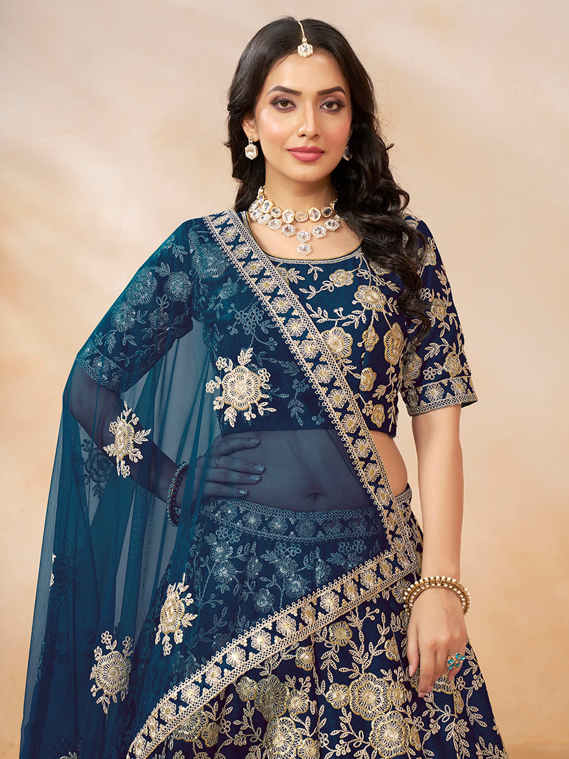 Monjolika Fashion Embroidered Art Silk Navy Blue Designer Lehenga Choli