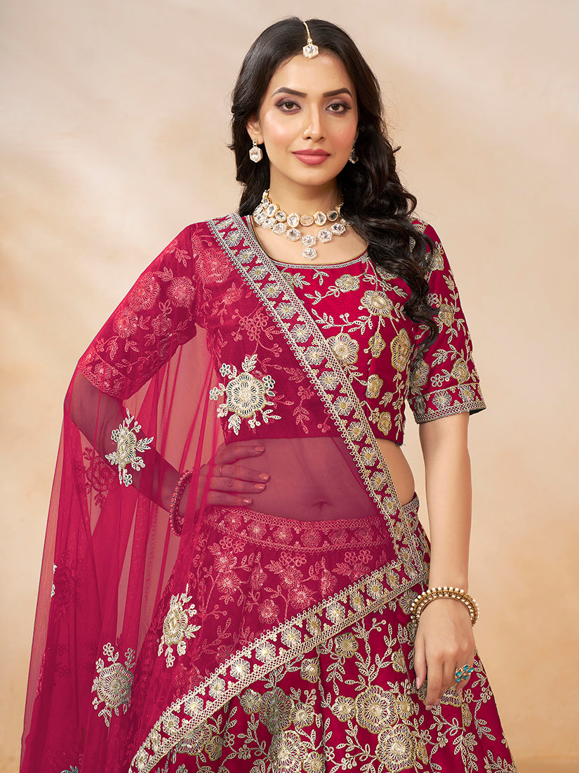 Monjolika Fashion Art Silk Embroidered Rani Pink Trendy Lehenga Choli