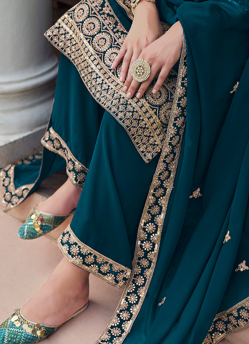 Monjolika Fashion Georgette Dark Teal Embroidered Designer Salwar Kameez