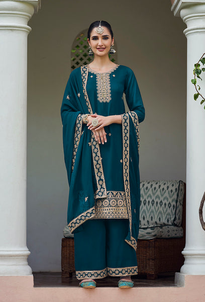 Monjolika Fashion Georgette Dark Teal Embroidered Designer Salwar Kameez