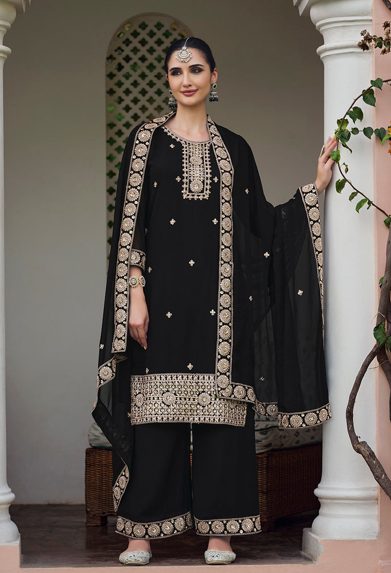 Monjolika Fashion Georgette Embroidered Black Salwar Kameez