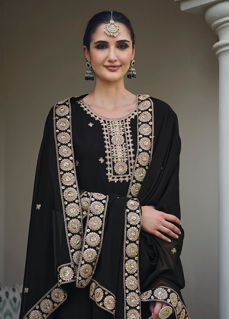 Monjolika Fashion Georgette Embroidered Black Salwar Kameez