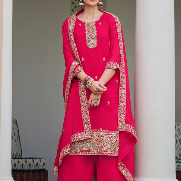 Monjolika Fashion Embroidered Georgette Rani Pink Trendy Salwar Kameez - Distacart
