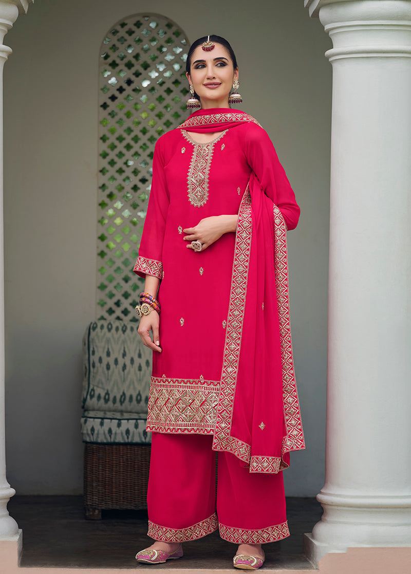 Monjolika Fashion Embroidered Georgette Rani Pink Trendy Salwar Kameez