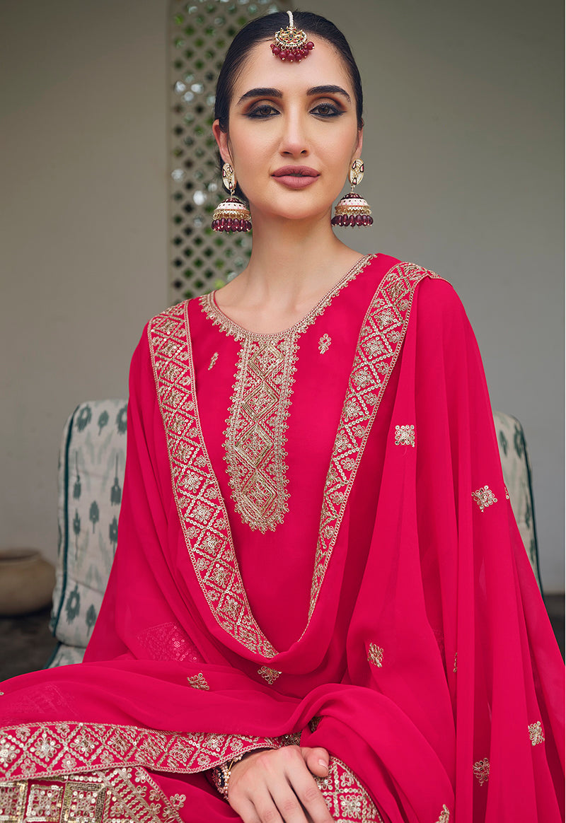 Monjolika Fashion Embroidered Georgette Rani Pink Trendy Salwar Kameez