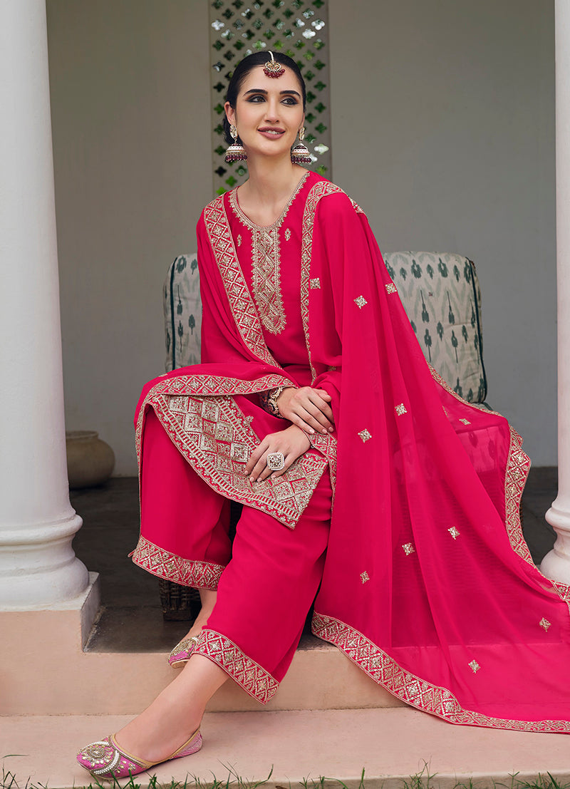 Monjolika Fashion Embroidered Georgette Rani Pink Trendy Salwar Kameez