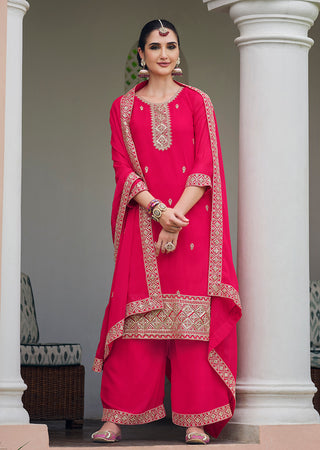 Monjolika Fashion Embroidered Georgette Rani Pink Trendy Salwar Kameez