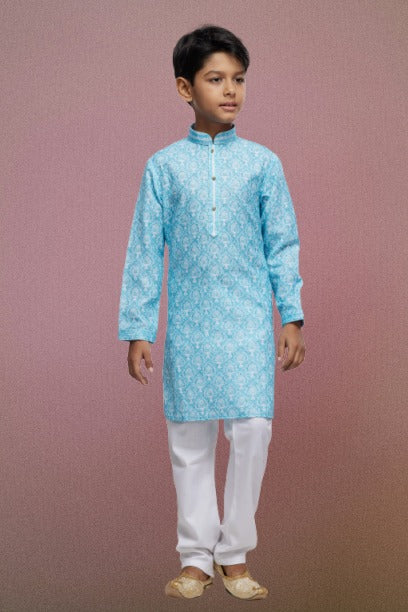 Raivat Ethnic Cotton Thread Work Kids Kurta Pajama In Sky Blue Colour - Distacart