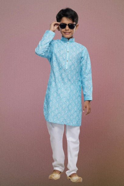 Raivat Ethnic Cotton Thread Work Kids Kurta Pajama In Sky Blue Colour - Distacart