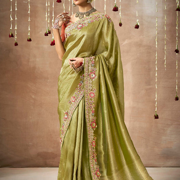 Monjolika Fashion Organza Silk Embroidered Bollywood Saree In Green - Distacart