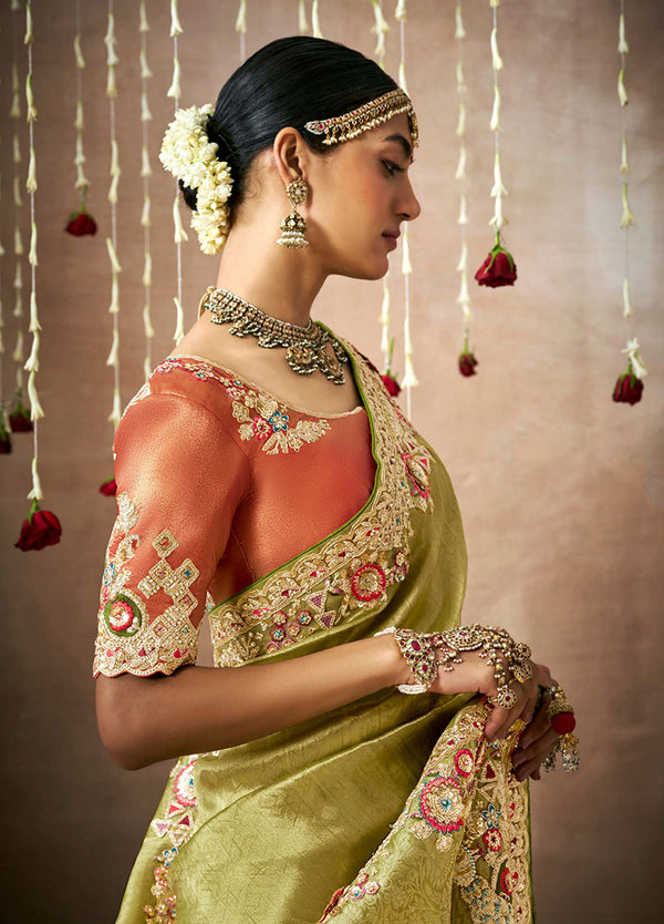 Monjolika Fashion Organza Silk Embroidered Bollywood Saree In Green