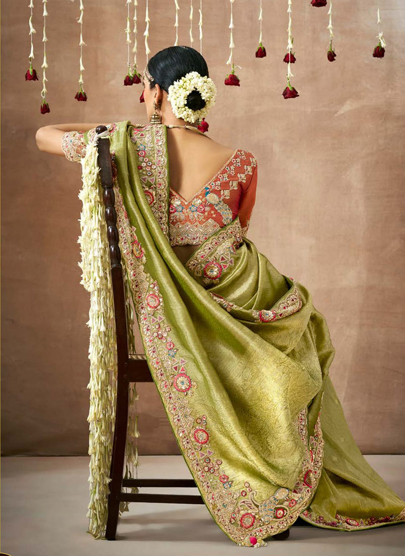 Monjolika Fashion Organza Silk Embroidered Bollywood Saree In Green