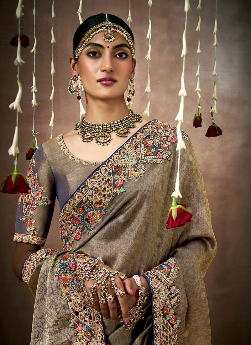 Monjolika Fashion Embroidered Organza Silk Grey Classic Saree - Distacart