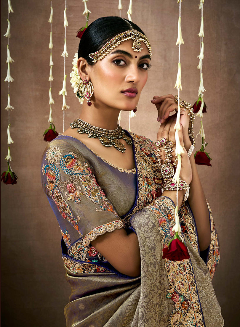 Monjolika Fashion Embroidered Organza Silk Grey Classic Saree - Distacart