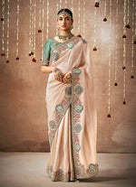 Thumbnail for Monjolika Fashion Organza Silk Embroidered Light Peach Contemporary Saree