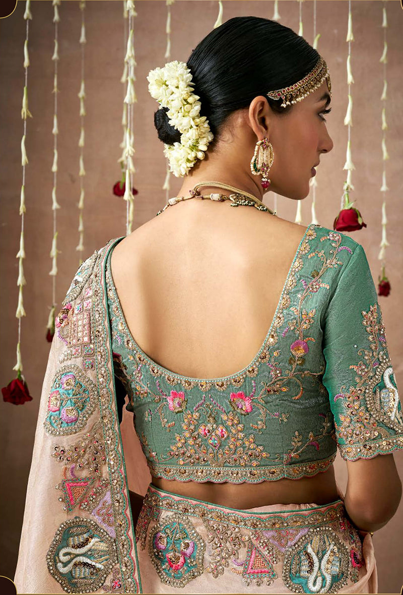 Monjolika Fashion Organza Silk Embroidered Light Peach Contemporary Saree