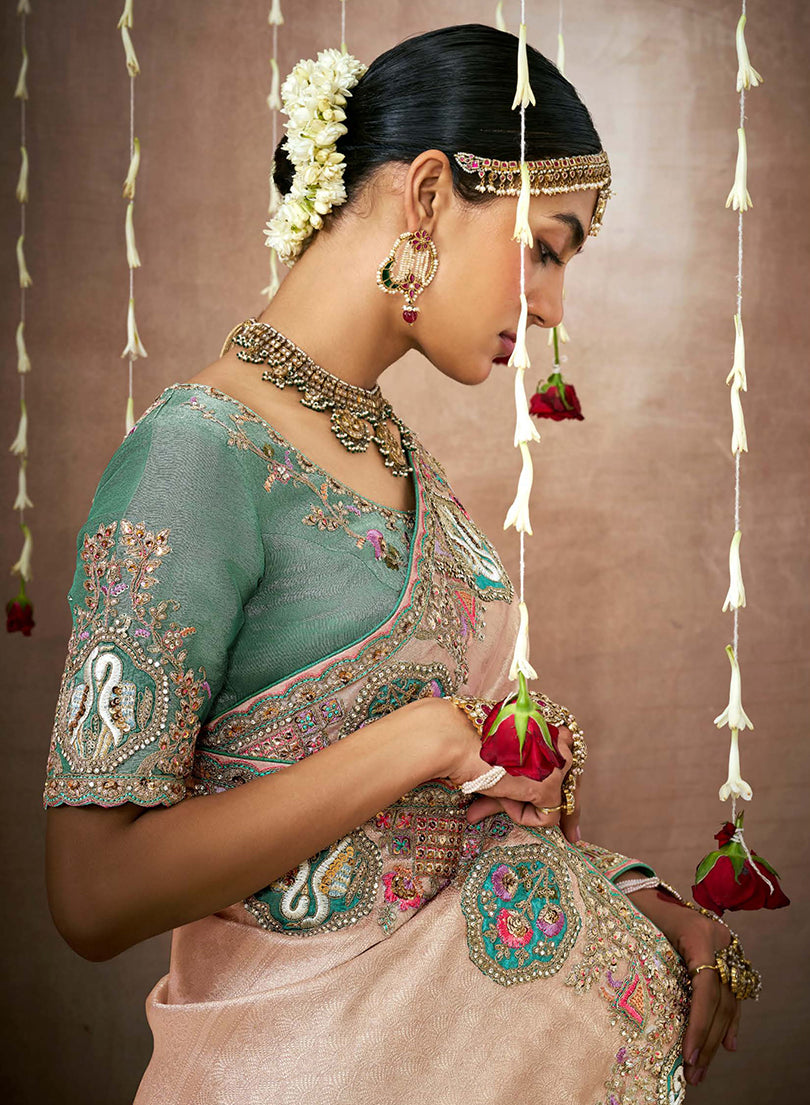 Monjolika Fashion Organza Silk Embroidered Light Peach Contemporary Saree