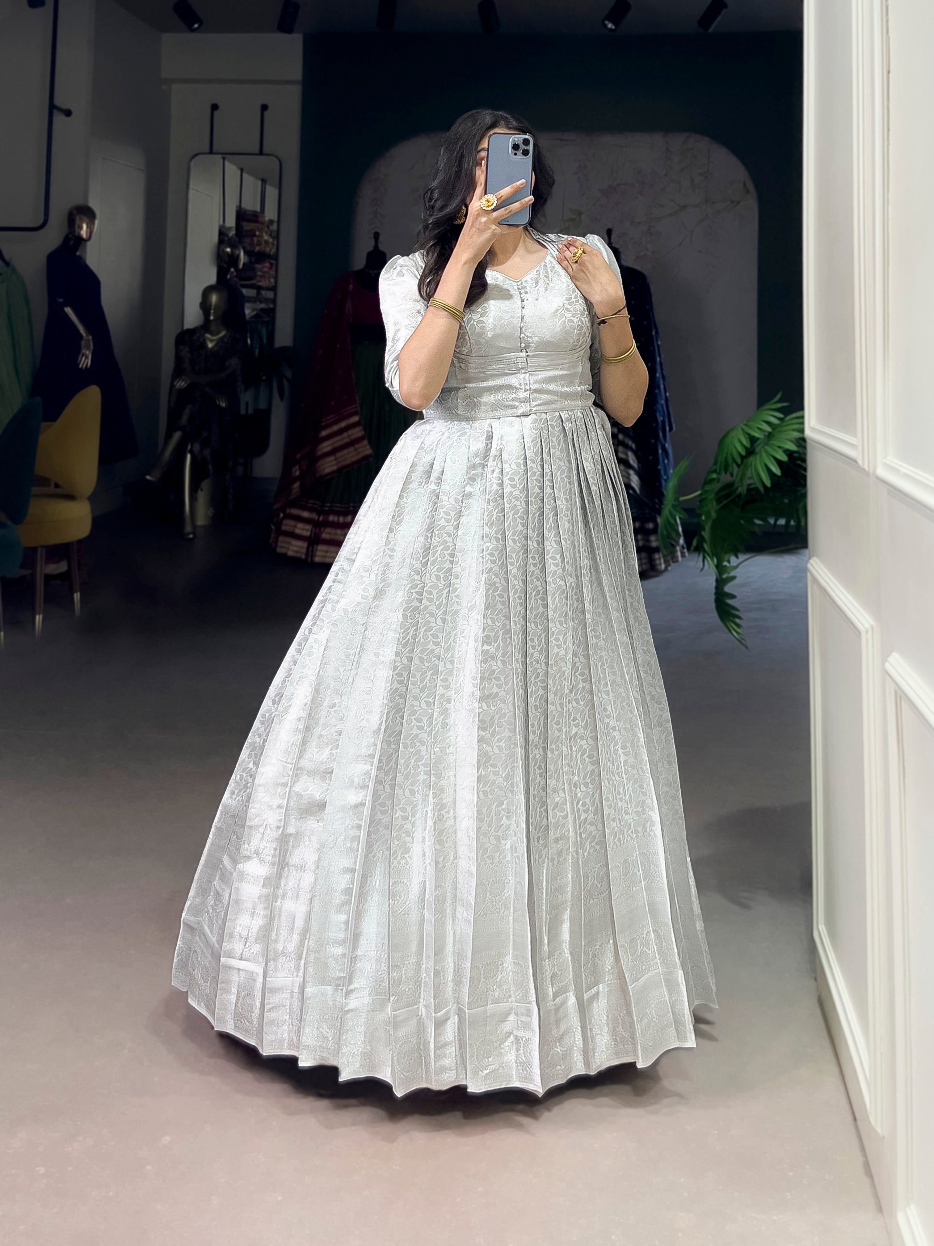 Lorenvalley Fashion Off White Kanjivaram Zari Weaving Work With Lace Touch Up Gown with Koti