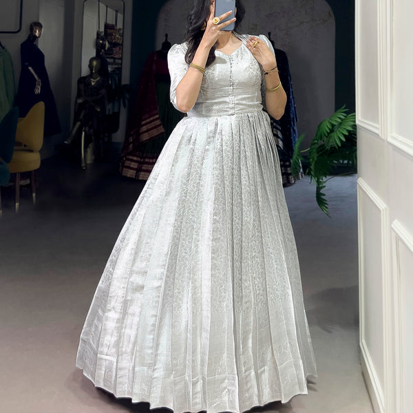 Lorenvalley Fashion Off White Kanjivaram Zari Weaving Work With Lace Touch Up Gown with Koti - Distacart