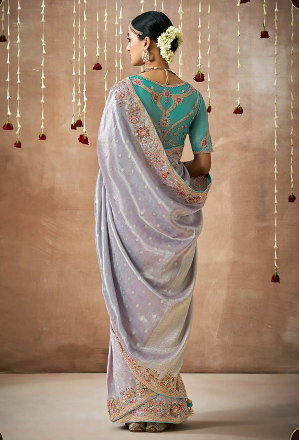 Monjolika Fashion Organza Silk Embroidered Contemporary Style Saree In Light Grey