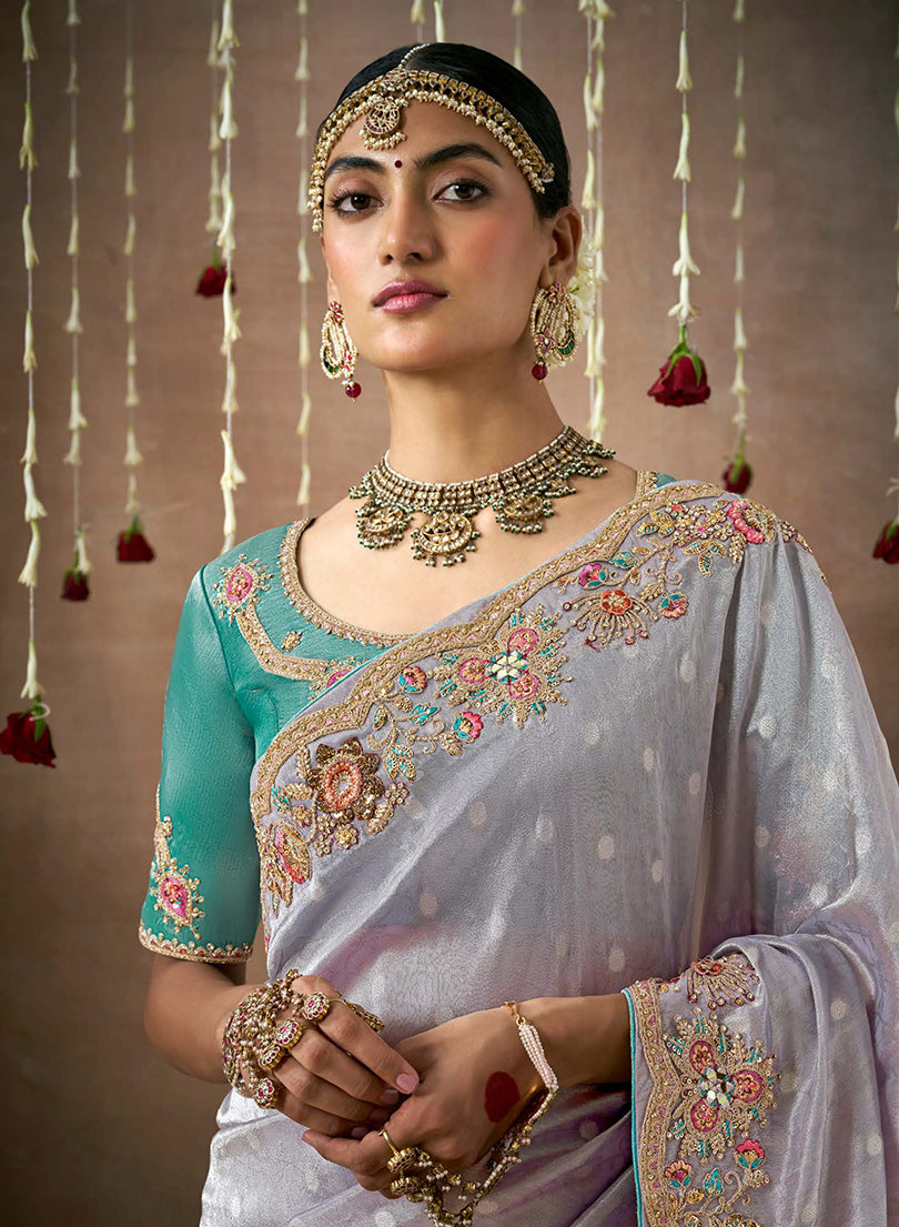Monjolika Fashion Organza Silk Embroidered Contemporary Style Saree In Light Grey