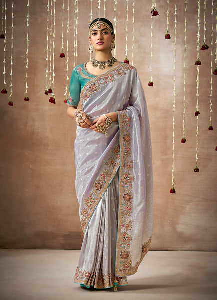 Monjolika Fashion Organza Silk Embroidered Contemporary Style Saree In Light Grey