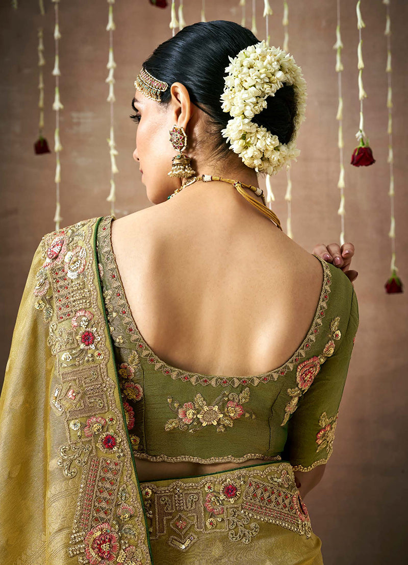 Monjolika Fashion Organza Silk Embroidered Mehandi Contemporary Saree - Distacart