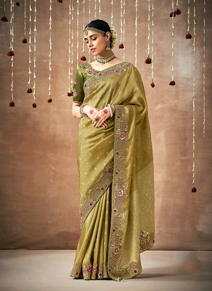 Monjolika Fashion Organza Silk Embroidered Mehandi Contemporary Saree