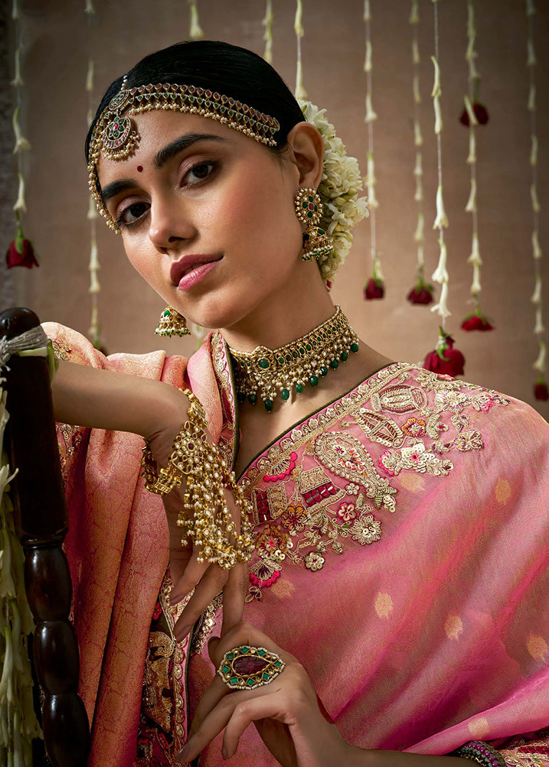 Monjolika Fashion Organza Silk Pink Embroidered Bollywood Saree - Distacart