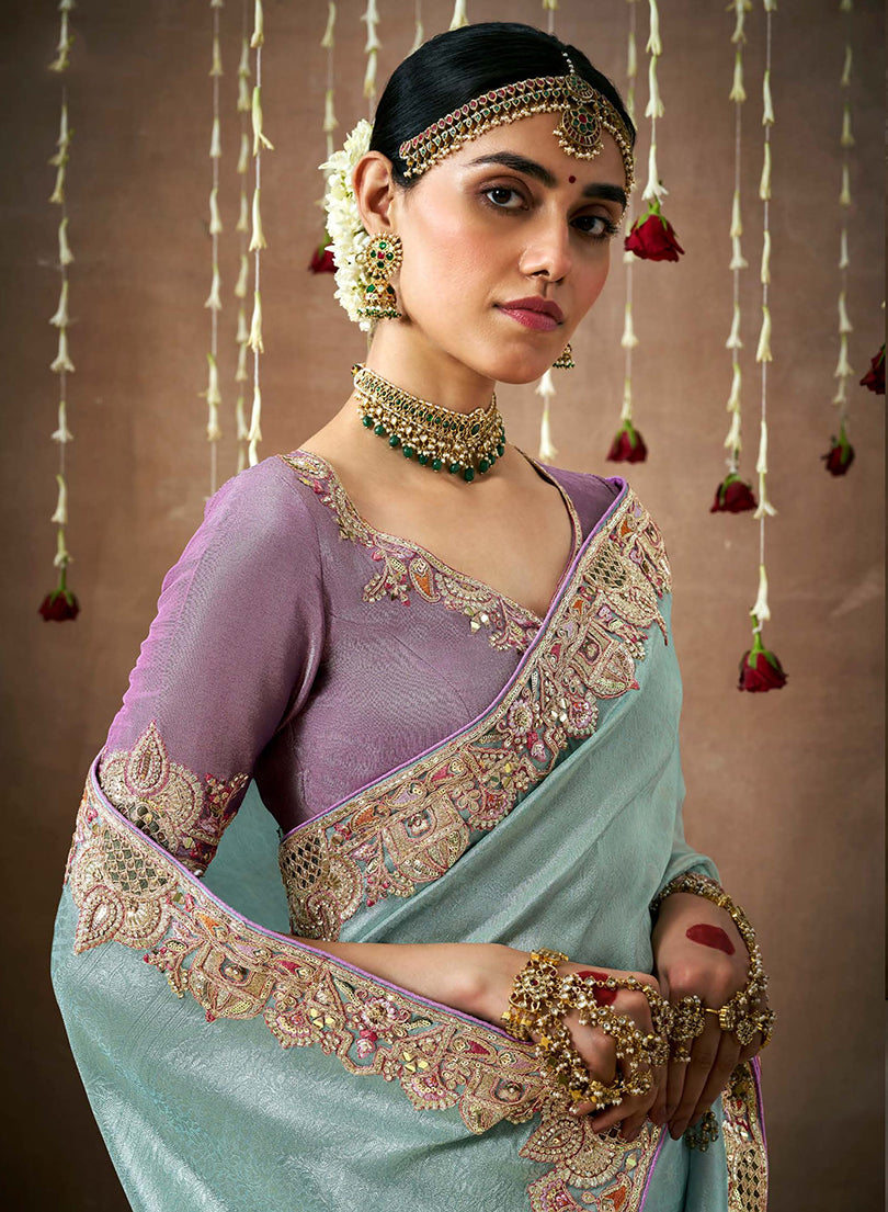 Monjolika Fashion Organza Silk Embroidered Designer Saree In Aqua Blue - Distacart