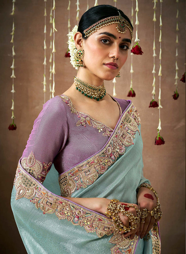 Monjolika Fashion Organza Silk Embroidered Designer Saree In Aqua Blue