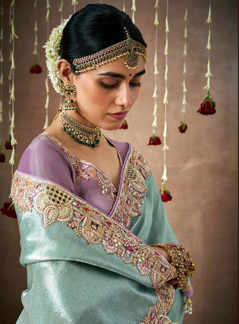 Monjolika Fashion Organza Silk Embroidered Designer Saree In Aqua Blue