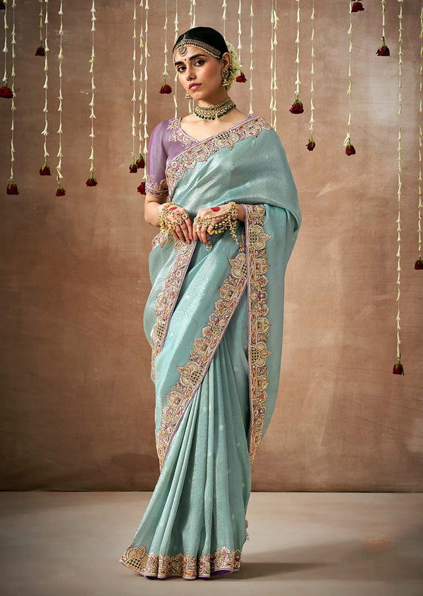Monjolika Fashion Organza Silk Embroidered Designer Saree In Aqua Blue