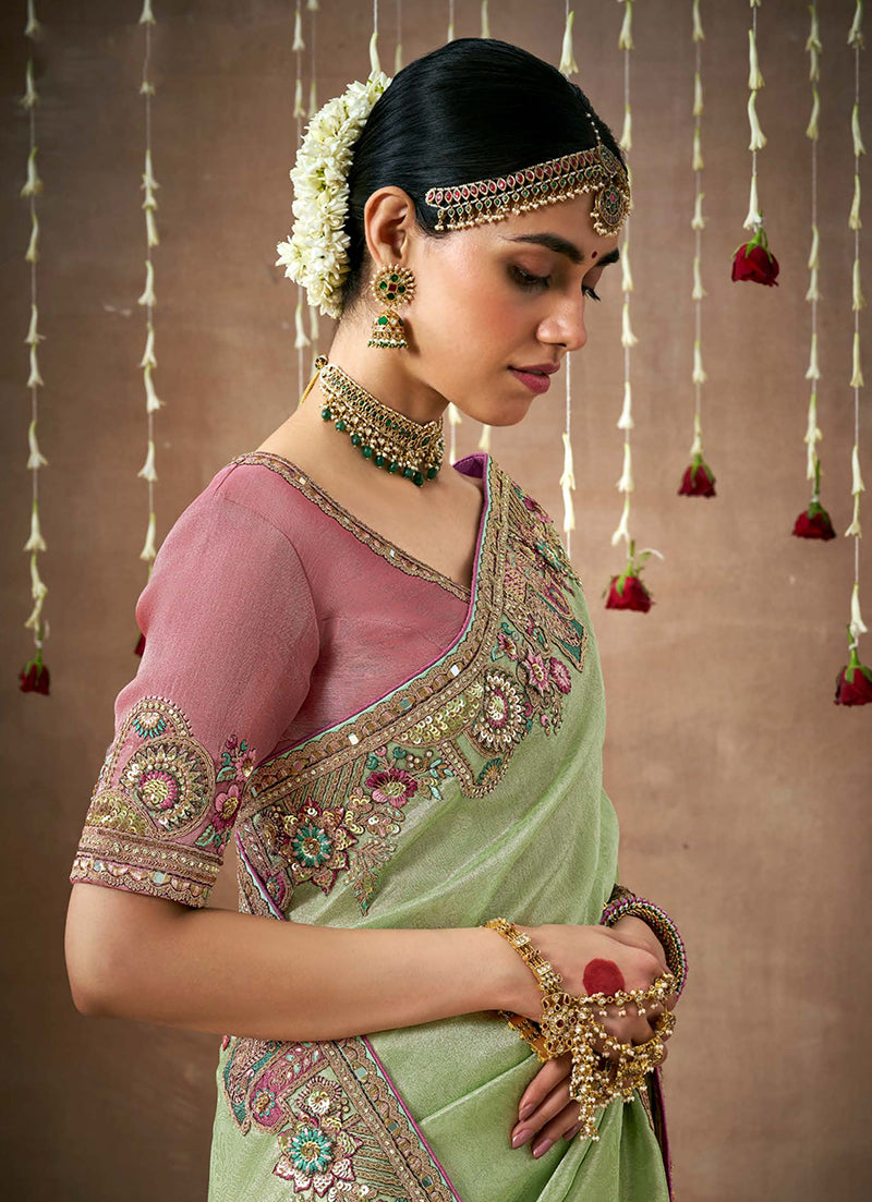 Monjolika Fashion Organza Silk Embroidered Sea Green Different Style Saree - Distacart