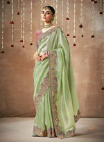 Thumbnail for Monjolika Fashion Organza Silk Embroidered Sea Green Different Style Saree