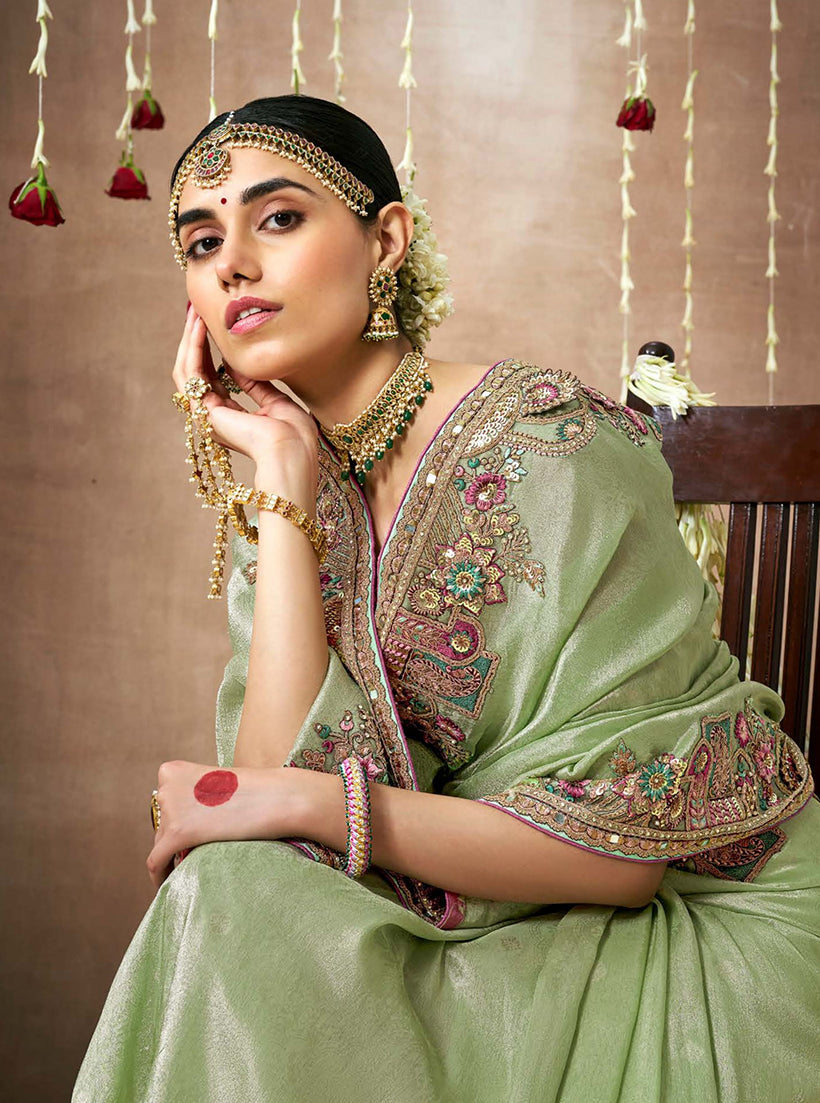 Monjolika Fashion Organza Silk Embroidered Sea Green Different Style Saree