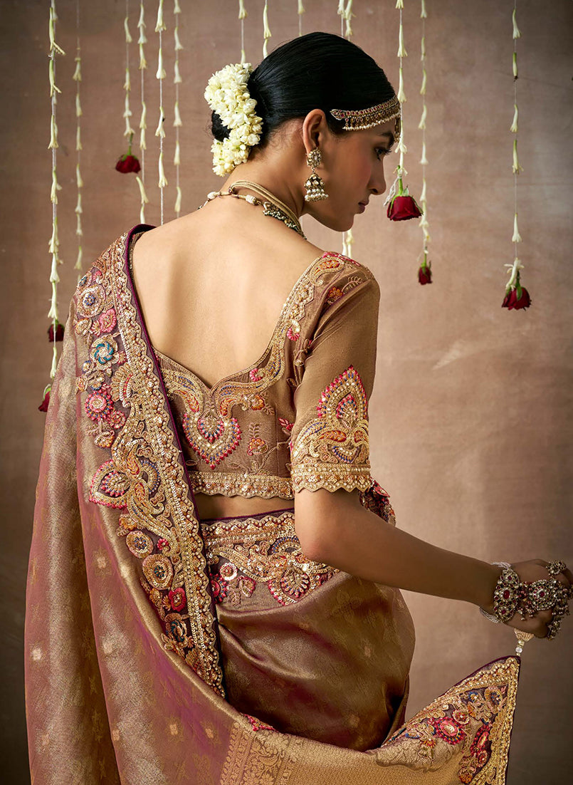 Monjolika Fashion Organza Silk Embroidered Brown Classic Saree - Distacart