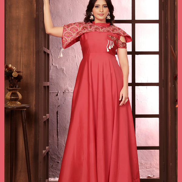 Monjolika Fashion Dark Peach Triva Silk Embroidered Wedding Wear Gown - Distacart