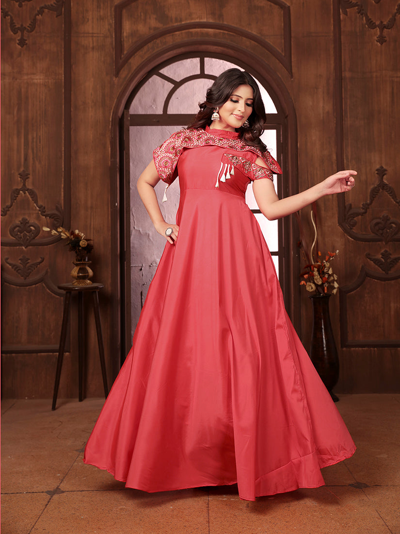 Monjolika Fashion Dark Peach Triva Silk Embroidered Wedding Wear Gown