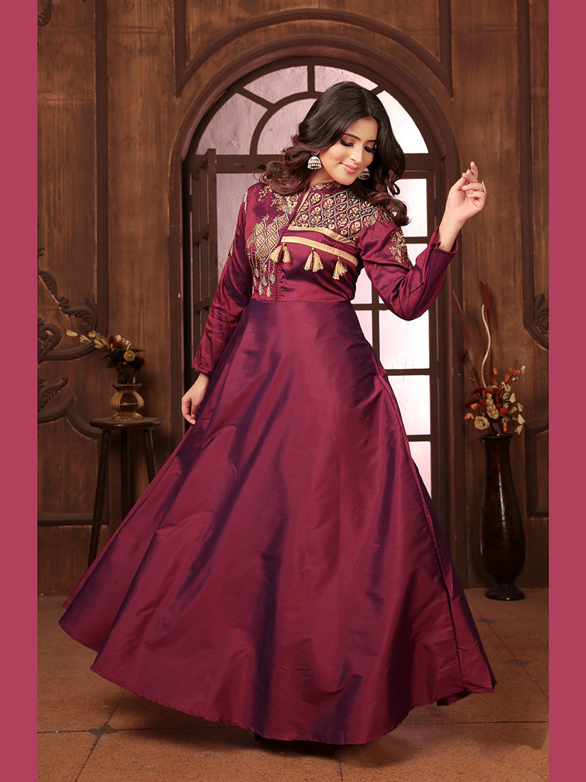 Monjolika Fashion Wine Triva Silk Embroidered Wedding Wear Gown