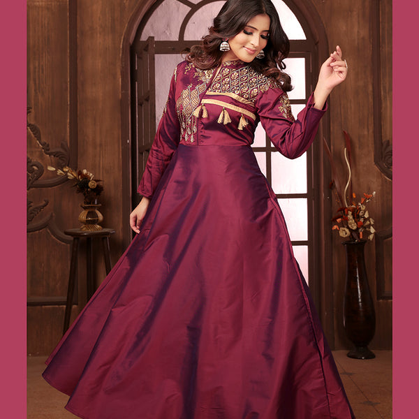 Monjolika Fashion Wine Triva Silk Embroidered Wedding Wear Gown - Distacart