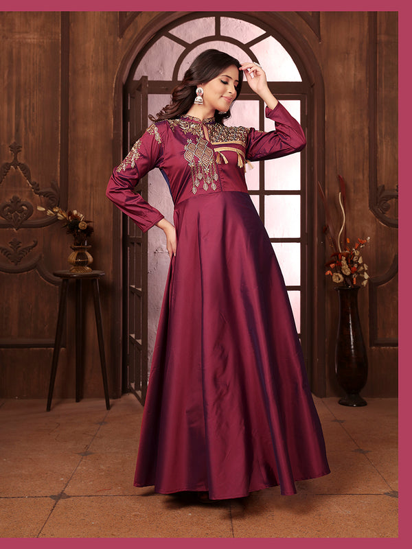 Monjolika Fashion Wine Triva Silk Embroidered Wedding Wear Gown