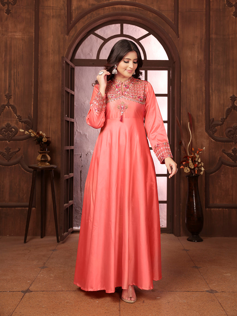Monjolika Fashion Light Pink Triva Silk Embroidered Wedding Wear Gown
