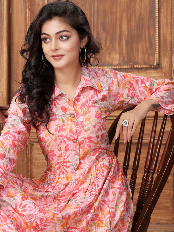 Monjolika Fashion Peach Premium Rayon Floral Printed Long Kurta And Pant Set