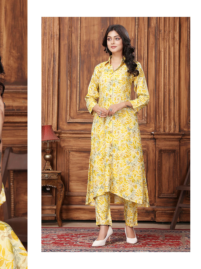 Monjolika Fashion Yellow Premium Rayon Floral Printed Long Kurta And Pant Set
